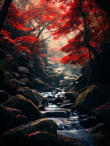 Red leaves and a Japanese forest, flamboyant mountainous vibe