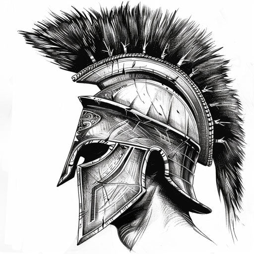 Ancient Greek warrior helmet with plumes, tattoo design on white background