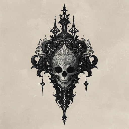 Gothic flat tattoo sketch, dark mark with black and silver lace patterns