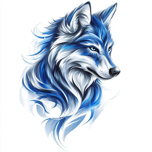 Fierce wolf in blue and silver tattoo style on white