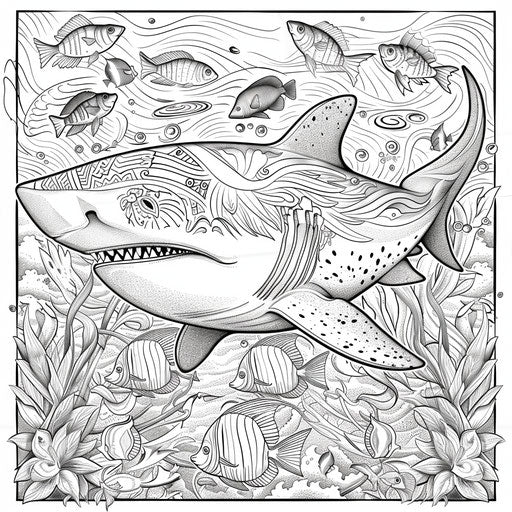 Intricate shark surrounded by tropical fish