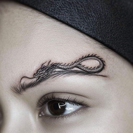 Brow tattoo depicting a dragon wrapping around the brow, in the style of Peter Jackson