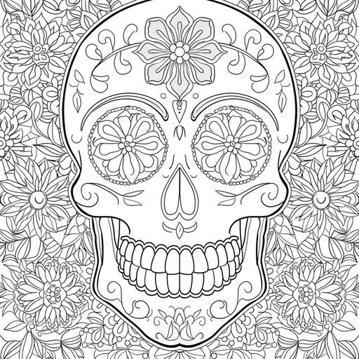 Elaborate sugar skull with flowers and patterns for Day of the Dead. Coloring book page