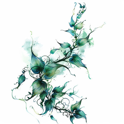 Watercolor vine tattoo art, blending greens and blues on white background