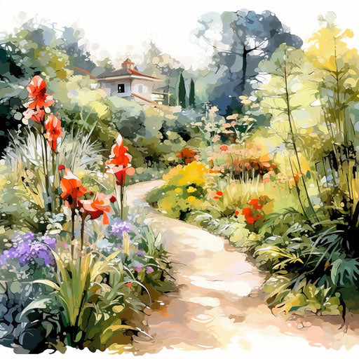 Garden clipart in the style of Impressionistic Art, on white background