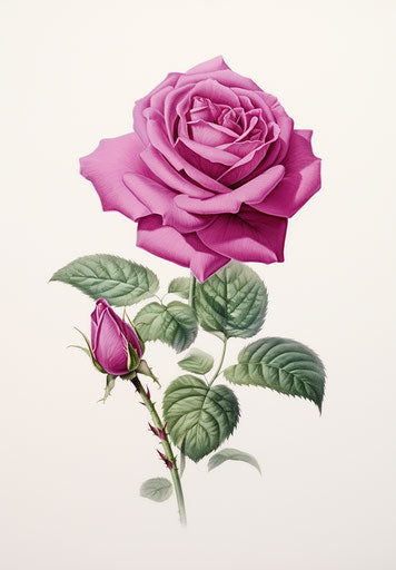 Embroidered rose with leaves, Ruth Sanderson style, dark pink