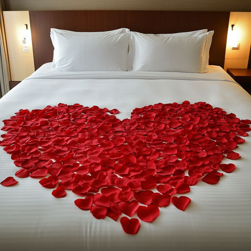 Romantic magic on white bed with red rose petals in heart shape