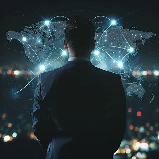 Businessman with digital world map connecting global networks
