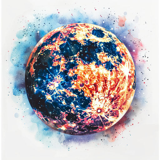 Moon and stars in galaxy, watercolor tattoo flash