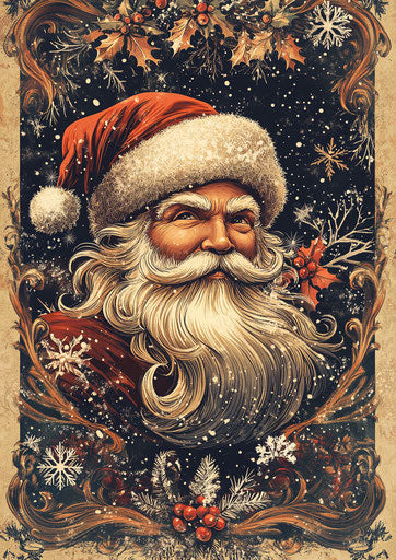 Vintage Santa Claus Portrait, Christmas Background, Snowflakes, Red Hat and White Beard, Vintage Poster Style