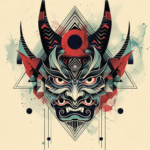 Stylized flat tattoo sketch of a Hannya mask with bold geometric patterns