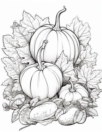 Coloring page of fall pumpkins and leaves