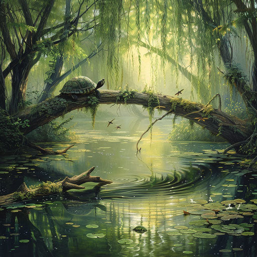 Tranquil pond with turtle, willow, and dragonflies