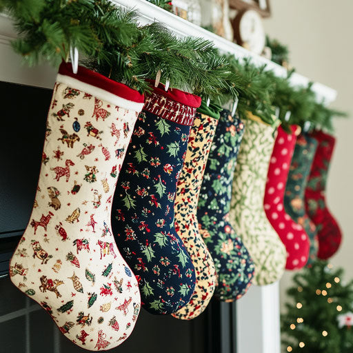A border of Christmas stockings hung by an invisible mantle