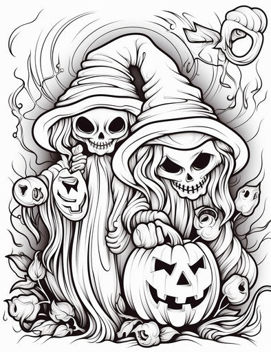 Halloween coloring pages with a ghost and witch, in the style of cosmic jester