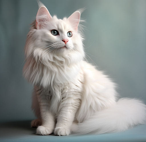 Spayed female cat male spayed, in dark white and light aquamarine style, light bronze and light beige, light crimson and light beige