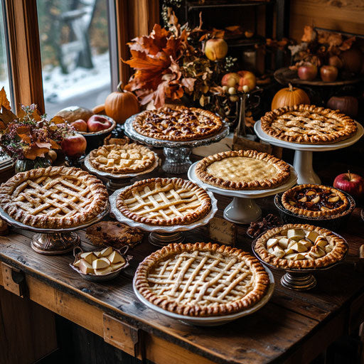 Assorted apple pies on table with fall decor