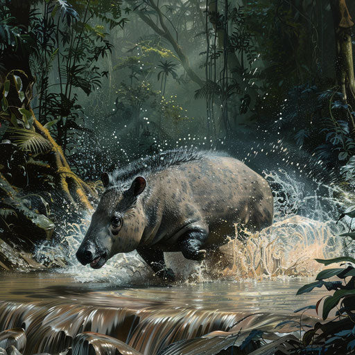 Baird's tapir running in a stream, splashing water