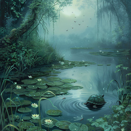 Lush swamp with a turtle navigating through the water