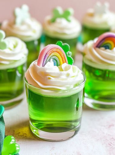 Green Jell-O with white cream and rainbow candy