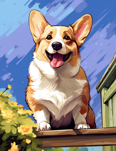 Corgis painted by kids in colorful comic style