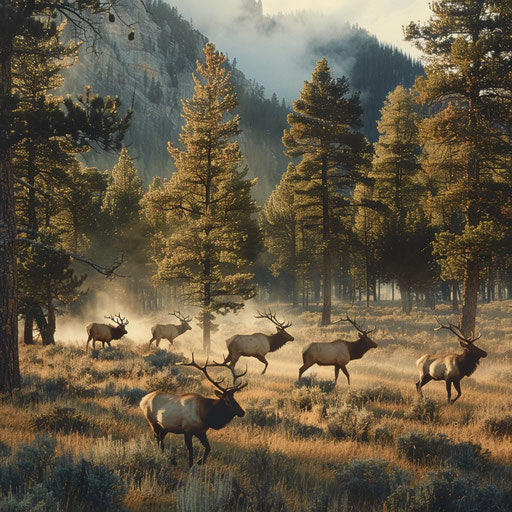 Elk herd moving through misty meadow at daybreak