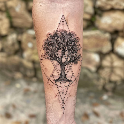 Geometric tree of life tattoo, in the style of Guy Aitchison