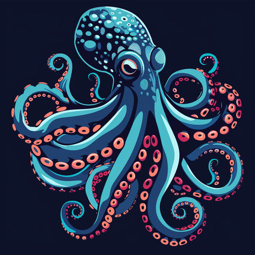 Stylized tattoo sketch of a venomous octopus, flat clipart style with deep navy and aqua blues