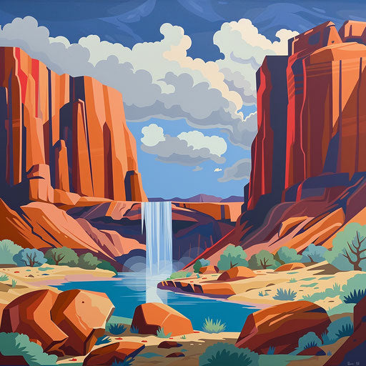 Waterfall in a desert landscape with bold shapes