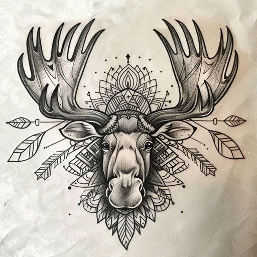 Cultural flat tattoo sketch of a moose with traditional Scandinavian patterns