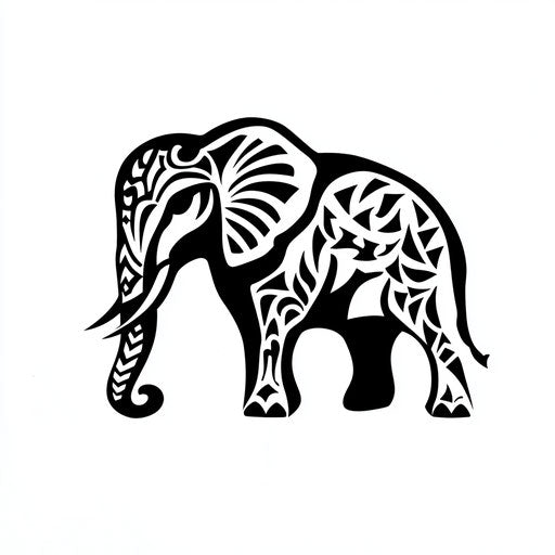 Elephant tattoo with tribal design on white background