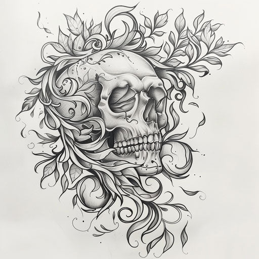 Flat tattoo sketch of a Calavera with elegant, swirling vines and leaf patterns
