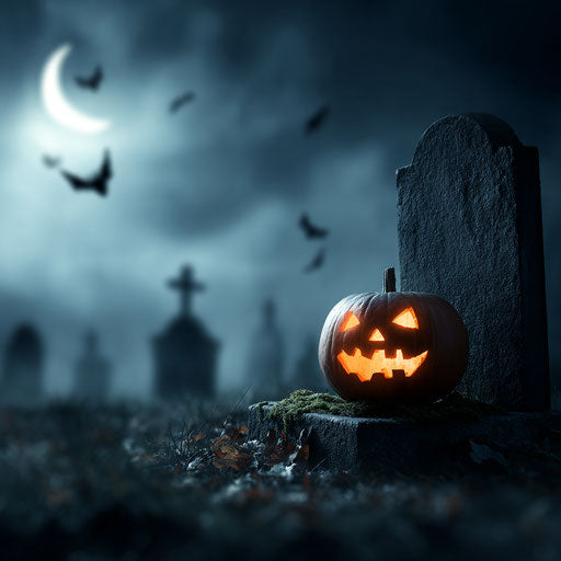 Eerie Halloween scene with glowing pumpkin in graveyard