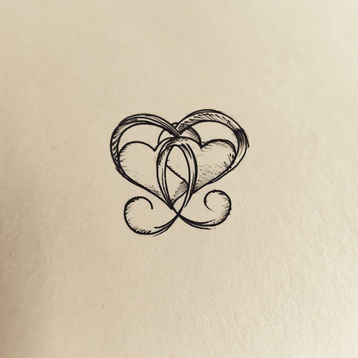 Minimalist flat tattoo sketch of two hearts connected by an infinite loop