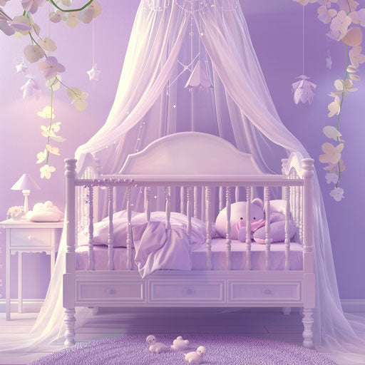 Bed on flat lavender background with realistic, glossy touch