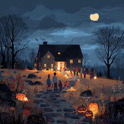Vibrant and Spooky Halloween Night Scene at a Rural House