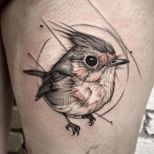 Bold flat tattoo sketch of a robin’s face with dramatic, intense eyes