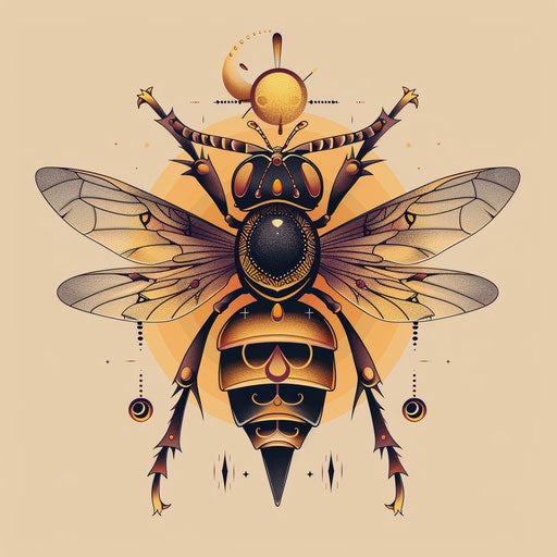 Elegant tattoo sketch of a wasp with flowing lines and subtle color gradients in a flat style