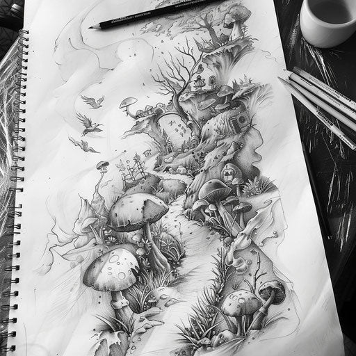 Concept sketch of a whimsical Wonderland landscape tattoo