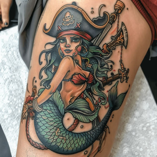 Colorful mermaid tattoo with pirate elements on white background