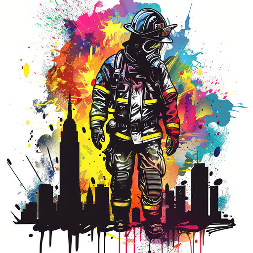 Urban clipart style flat tattoo sketch of a firefighter with a city skyline, marked by graffiti influences and bold color splashes