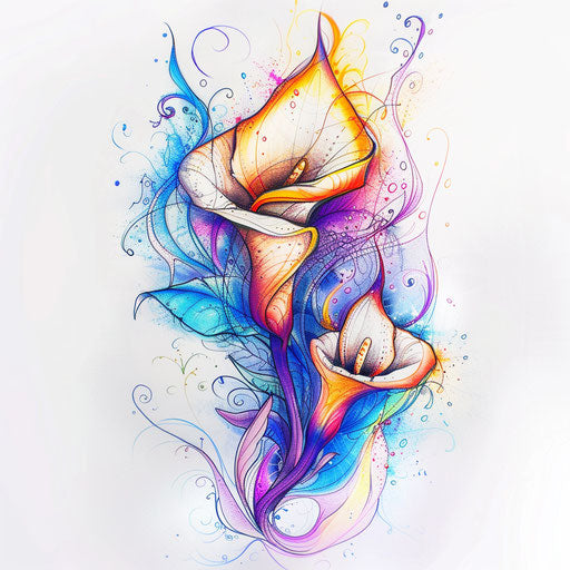 Clipart-style tattoo sketch of a calla lily with exploding particles effect in bright hues