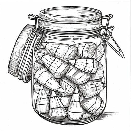 A jar filled with candy corn, detailed coloring book page
