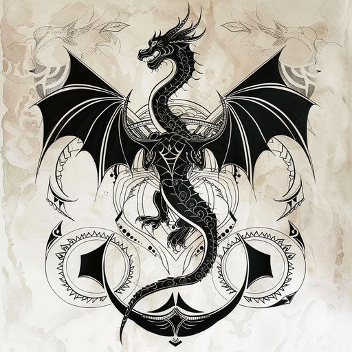 Flat tattoo sketch inspired by art deco with a black dragon among symmetrical patterns