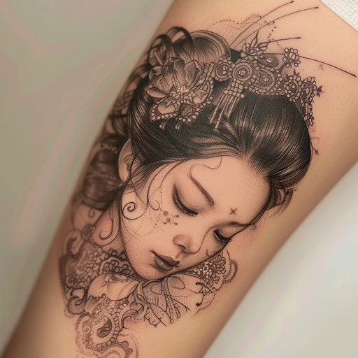 Vintage Victorian style geisha tattoo with lace details on white background