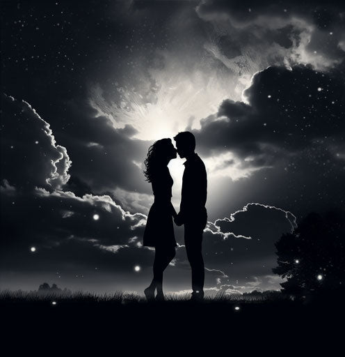 Silhouette of couple near moon under cloudy sky