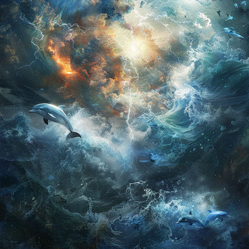 Dolphins summoning a sea storm with ancient magic