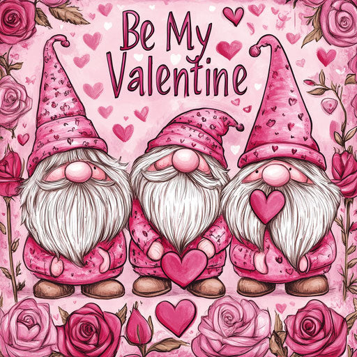 Three gnomes surrounded by roses and hearts, 'Be My Valentine'