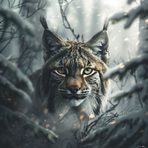 Intense gaze of a lynx through the morning mist of the forest