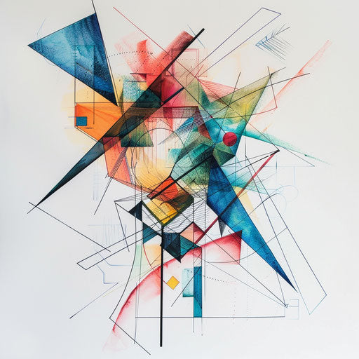 Contemporary geometric tattoo artwork with abstract expressionist influences, vibrant and colorful, on a white canvas